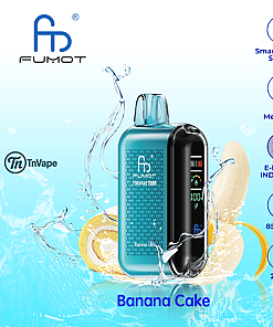 Fumot Tornado 20000 disposable vape in a blue color with a digital display, surrounded by water splashes, banana slices, and cake, highlighting features like smart display screen, dual mesh coil, e-liquid indicator, 850mAh battery, and 20ml capacity, with the flavor labeled as Banana Cake.