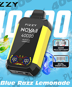 Fizzy NQVA Plus vape device in yellow and black with 4000 puffs, Blue Razz Lemonade flavor, showing gear adjustment and dual mesh coil features, surrounded by a glass of lemonade with mint and blue raspberries on a blue background.