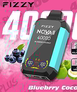 Fizzy NQVA Plus disposable vape device in blue with digital display, surrounded by blueberries and coconuts, promoting blueberry coconut flavor and features like gear adjustment and dual mesh coil on a pink background.