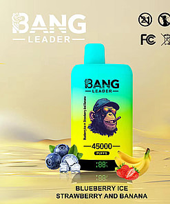 Bang Leader vape device featuring a cartoon chimpanzee with sunglasses and a hat, surrounded by blueberries, ice cubes, strawberries, and bananas, with text indicating blueberry ice, strawberry, and banana flavors and 45,000 puffs.