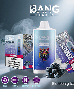 Promotional image for Bang Leader Blueberry Ice vape, featuring a large vape device with a tiger illustration, blueberry and ice visuals, product boxes, and icons highlighting 28ml capacity, Type-C charging, 650mAh battery, and dual mesh technology.