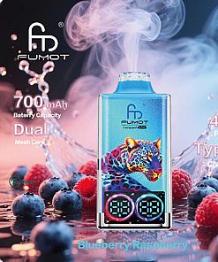 FUMOT branded blueberry raspberry flavored vape device with a colorful leopard illustration, surrounded by fresh blueberries and raspberries with vapor and product features highlighted, such as 700mAh battery, dual mesh core, 40K puffs, and Type-C charging.