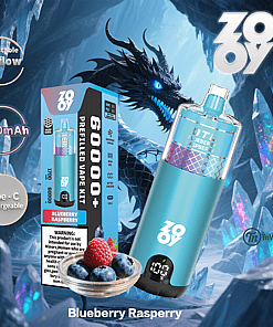Promotional image for a Zov brand Blueberry Raspberry prefilled vape kit, featuring a blue vape device, its packaging, a glass bowl with blueberries and a raspberry, product features like adjustable airflow and a 1700mAh rechargeable battery, and a fantasy-style black dragon in an icy crystal cave background.