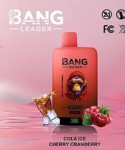 Red Bang Leader vape device featuring a monkey with sunglasses and hoodie, shown with cola, ice cubes, cherries, and cranberries on a pink background, labeled '45000 puffs' and 'Cola Ice Cherry Cranberry'.