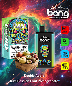 Colorful vape product packaging and device from the Bang brand featuring a neon skull design, surrounded by cosmic background, a basket of fruit (apples, kiwi, passion fruit, and pomegranate), and product specs like 30 cufts, 36ml, 550mAh, and Type-C charger.