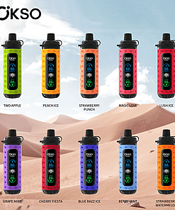 Nine OKSO vape devices in various colors and flavors, each labeled with its flavor name, displayed against a desert background.