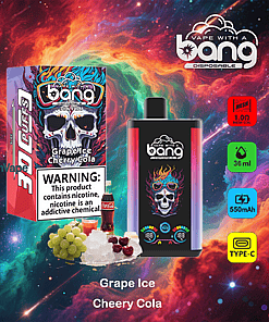 Bang disposable vape packaging and device featuring a flaming skull with sunglasses, set against a colorful cosmic background with icons indicating 36ml capacity, 550mAh battery, mesh coil, and USB Type-C charging, along with images of grapes, cherries, and a cola bottle to highlight the grape ice cherry cola flavor.