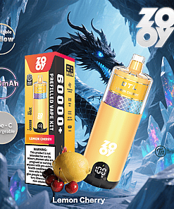 Promotional image for Zov Lemon Cherry prefilled vape kit featuring a yellow and purple vape device, product box, a lemon with cherries, and a blue dragon in the background, highlighting features such as adjustable airflow, 1700mAh battery, and Type-C charging.