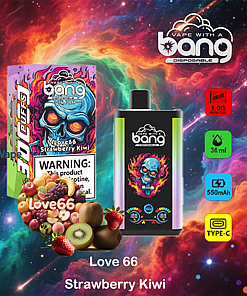 Bang disposable vape packaging and device with a blue flaming skull design, variety of fruits including strawberry and kiwi in foreground, product name 'Love 66 Strawberry Kiwi,' and icons highlighting 1.0Ω mesh coil, 36ml capacity, 550mAh battery, and Type-C charging, set against a colorful cosmic background.