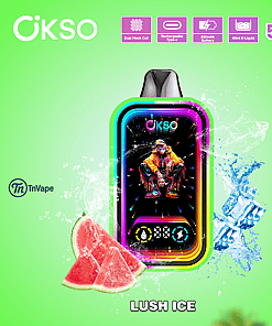 Promotional image for OKSO Lush Ice vape featuring a colorful vape device with a neon outline, an illustration of a streetwear-clad figure, slices of watermelon, and ice cubes on a bright green background, highlighting 5000 puffs, dual mesh coil, rechargeable battery, and 40ml e-liquid.