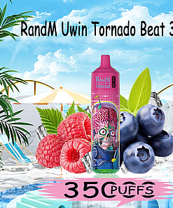 Colorful vape device with a cartoon skull design placed among raspberries and blueberries, set against a beach-themed background with a surfboard, pool, and palm leaves, highlighting RandM Uwin Tornado Beat 35K and 35000 puffs.