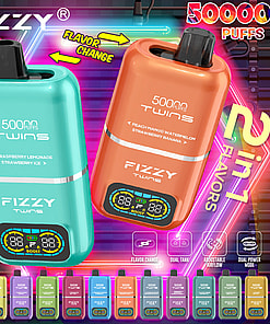 Advertisement for Fizzy Twins disposable vapes, featuring two main devices in aqua and orange colors, highlighting 2-in-1 flavors, 50000 puffs, and features like flavor change, dual tank, adjustable airflow, and dual power mode with multiple color variants shown at the bottom.