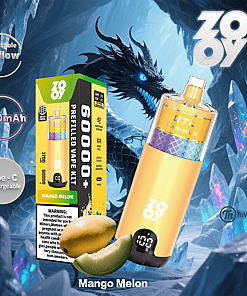 Mango Melon flavored Zovoo prefilled vape kit with 6000+ puffs, 1700mAh battery, Type-C charging, and adjustable airflow, displayed with images of mango and melon slices, a fantasy dragon background, and product packaging.