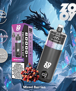 Promotional image for the Zov vape kit in mixed berries flavor, featuring the device, product packaging, a pile of assorted berries, and a blue dragon in an icy fantasy background; key specs like adjustable airflow, 1700mAh battery, and Type-C charging are highlighted.