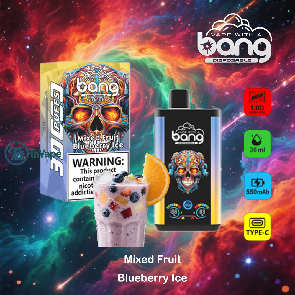 Colorful advertisement for Bang disposable vape featuring a skull design, mixed fruit and blueberry ice flavor, product packaging, a fruit smoothie with blueberries and an orange slice, and key specifications like 36ml capacity, 550mAh battery, and mesh coil, set against a vibrant galaxy background.