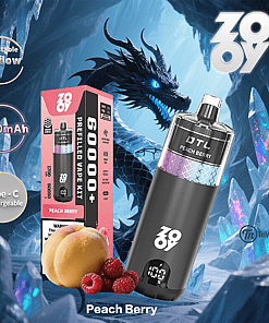 Promotional image for Zovy Peach Berry prefilled vape kit featuring the device, its packaging, ripe peaches and raspberries, device features like adjustable airflow and Type-C charging, against a fantasy ice cave background with a blue dragon.