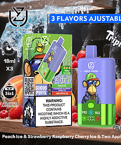 Promotional image for Triple Flavor vape displaying a cartoon monkey on the device and packaging, highlighting 3 adjustable flavors (Peach Ice, Strawberry Raspberry Cherry Ice, Two Apple Ice), 60,000 puffs, and a nicotine warning, with fruit and ice imagery in the background.