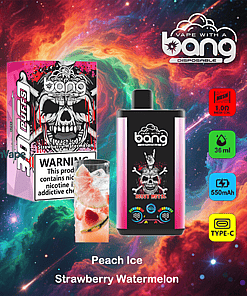 Promotional image for Bang disposable vape featuring a product box and device with skull artwork, flavor options Peach Ice and Strawberry Watermelon, and highlighted features such as 30,000 puffs, 36ml capacity, 1.0Ω mesh coil, 550mAh battery, and Type-C charging, set against a colorful cosmic background.