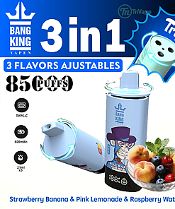 Promotional image for Bang King Vapen 3-in-1 adjustable vape featuring 85,000 puffs, 600mAh battery, Type-C charging, and three flavors: Strawberry Banana, Pink Lemonade, and Raspberry Watermelon, with visuals of the device, a cartoon character, and a bowl of assorted fruits.