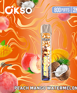 Colorful advertisement for Ökso Peach Mango Watermelon disposable vape, featuring a vape pen surrounded by illustrations of peach, mango, coconut, and watermelon on an orange, swirling background, highlighting 800 puffs and 2ml e-liquid capacity.
