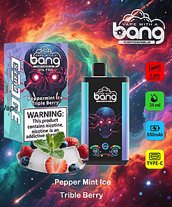 Vape With A Bang disposable vape packaging and device featuring a neon skull design, labeled Peppermint Ice Triple Berry flavor, against a colorful cosmic background with icons showing 30,000 puffs, 36ml capacity, 550mAh battery, and Type-C charging, alongside berries, mint leaves, and ice illustrations.