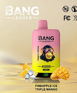 Colorful Bang Leader disposable vape featuring a cartoon chimpanzee with sunglasses, surrounded by pineapple slices, mango, and ice cubes, labeled with '45000 puffs' and 'Pineapple Ice Triple Mango' flavor.