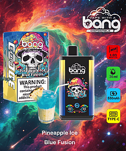 Colorful promotional image for Bang disposable vape in Pineapple Ice Blue Fusion flavor, featuring the vape device, product packaging with a skull and fruit design, a tropical drink, and icons highlighting specifications such as 30,000 puffs, 36ml capacity, 550mAh battery, and Type-C charging, set against a vibrant cosmic background.