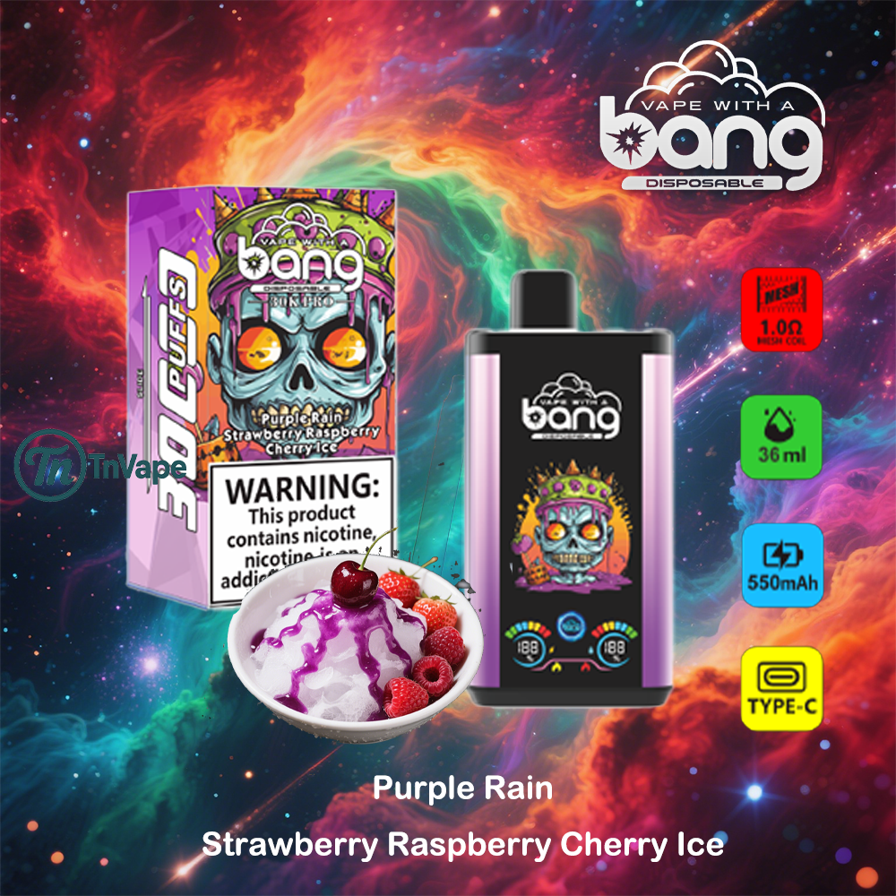 Colorful vape product branding featuring a skull-themed 'Bang' disposable vape with packaging and device, flavor description 'Purple Rain Strawberry Raspberry Cherry Ice,' and icons for puff count, coil type, liquid volume, battery size, and charging type, set against a cosmic background.