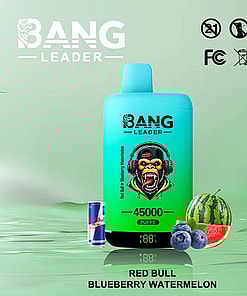 Bang Leader disposable vape device with 45,000 puffs, featuring Red Bull, blueberry, and watermelon flavors, shown with a mini Red Bull can, blueberries, and a watermelon slice on a green background.