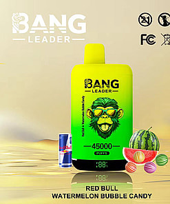 Bang Leader vape device with a green monkey logo, labeled 'Red Bull Watermelon Bubble Candy' flavor, surrounded by a Red Bull can, watermelon, and colorful bubble candies, advertising 45,000 puffs.
