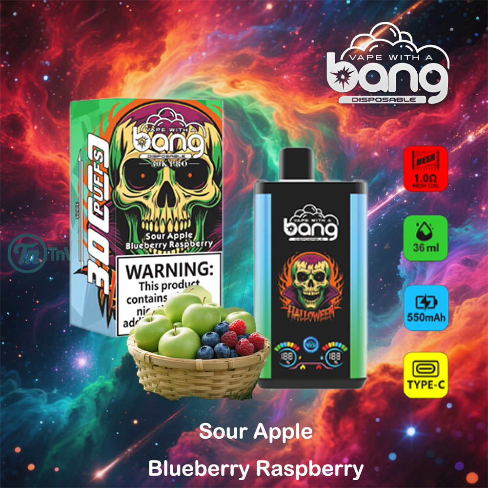 Bang disposable vape product packaging and device featuring a skull design, a basket of green apples, blueberries, and raspberries, with colorful cosmic background and product feature icons for mesh coil, e-liquid capacity, battery, and USB Type-C charging.