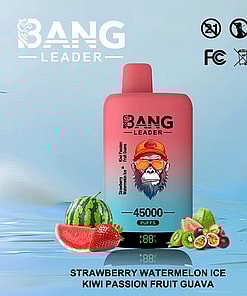 Bang Leader vape device with gorilla graphic, labeled 45,000 puffs, surrounded by watermelon, strawberry, kiwi, passion fruit, and guava, highlighting strawberry watermelon ice and kiwi passion fruit guava flavors.