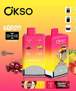 Promotional image for OKSO disposable vape showing two devices with a yellow-to-pink gradient, featuring flavors Cherry Piesta and Strawberry Banana, product features like 60,000 puffs, LED screen, 2x25ml oil tank, 650mAh battery, 50ml e-liquid, and fruit illustrations with a cartoon monkey wearing sunglasses.