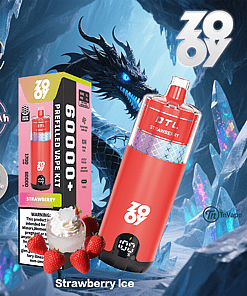 Promotional image for Zovoy Strawberry Ice prefilled vape kit featuring a red vape device, product box, strawberries with cream, a blue dragon in an icy fantasy background, and product highlights such as adjustable airflow, 1700mAh battery, and Type-C charging.