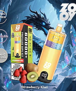 Promotional image for a ZOOVY branded strawberry kiwi flavored prefilled vape kit, featuring the vape device, packaging, strawberries, kiwi, and a fantasy dragon in an icy cavern background, with product features like adjustable airflow and rechargeable 1700mAh battery highlighted.