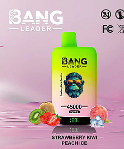 Bang Leader vape device with a colorful gradient design and gorilla illustration, displaying 45000 puffs, surrounded by strawberry, kiwi, peach, and ice imagery representing the Strawberry Kiwi Peach Ice flavor.