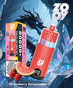 Promotional image for a Zooy brand strawberry watermelon flavored vape kit, featuring the vape device, product box, slices of strawberry and watermelon, and highlighted features like adjustable airflow, 1700mAh battery, and Type-C charging, set against an icy dragon-themed background.