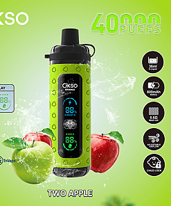 Green OKSO Shishai vape device with LED display, surrounded by splashing water, green and red apples, product features like 40,000 puffs, 36ml e-liquid, and 800mAh battery, labeled 'TWO APPLE' flavor.