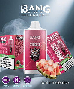 Bang Leader Watermelon Ice disposable vape product packaging and device, featuring a tiger graphic, watermelon slices with ice cubes, and product warnings about nicotine content.