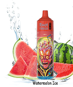 Watermelon-flavored vape device with a colorful skull design, surrounded by watermelon slices, ice cubes, and water splashes, labeled 'Watermelon Ice.'