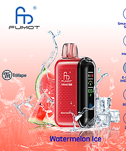 Red and black Fumot Tornado 20000 disposable vape device with a smart display screen, surrounded by watermelon slices and ice cubes, highlighting its Watermelon Ice flavor and features such as dual mesh coil, e-liquid indicator, 850mAh battery, and 20ml capacity.