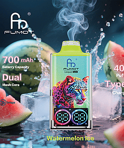 Fumot Leopard 40K disposable vape device with a colorful leopard design, surrounded by watermelon slices and ice cubes, highlighting features such as 700mAh battery, dual mesh core, 40,000 puffs, and Type-C charging, with 'Watermelon Ice' flavor indicated.