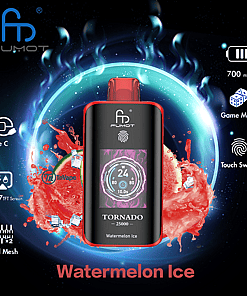 FUMOT Tornado vape device with Watermelon Ice flavor displayed on a vibrant background featuring a splash of watermelon and ice, highlighting features like 700mAh battery, Game Mode, Touch Switch, Type C charging, dual mesh, and a 1.77-inch TFT screen.