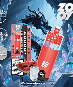 Promotional image for Zoqy Watermelon Ice prefilled vape kit featuring a large vape device, its packaging, a slice of watermelon, a glass of ice water, and product features against an icy dragon fantasy background.
