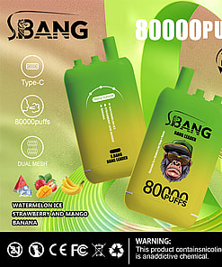 Colorful advertisement for SBANG Bang Leader vape featuring two green-yellow devices, highlights of 80,000 puffs, three flavors (watermelon ice, strawberry and mango, banana), type-C charging, dual mesh, and a nicotine warning label.