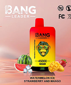 Colorful Bang Leader vape device with 45,000 puffs, displayed with watermelon, ice cubes, strawberry, and mango, highlighting the flavors watermelon ice, strawberry, and mango.