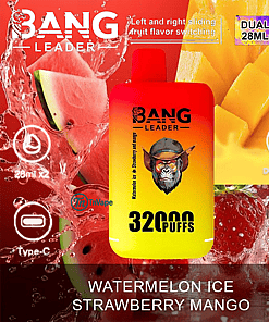 Colorful vape device labeled 'BANG LEADER' with '32,000 PUFFS,' surrounded by watermelon, mango, and strawberry images, advertising dual pods and fruit flavor switching.