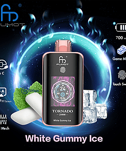 FUMOT Tornado vape device with a digital display, surrounded by icy effects, mint leaves, white gummy candies, and ice cubes, highlighting features like Type C charging, 700mAh battery, game mode, touch switch, dual mesh coil, and a 1.77" TFT screen with the White Gummy Ice flavor.