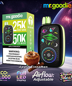 Advertising image for the mr.goodie Apple Cinnamon vape featuring the device with a space-themed design, its packaging, an apple with cinnamon sticks, and key features such as eco and boost modes, full LED display, adjustable airflow, and dual mesh technology, all set against a cosmic background.