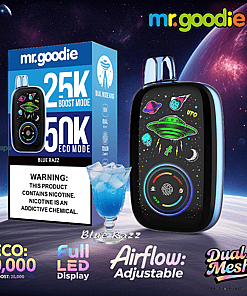 Colorful advertisement for mr.goodie Blue Razz vape device, featuring a space-themed design with UFOs and planets, showing the device, packaging, a blue drink, and text highlighting features like dual modes, adjustable airflow, up to 50,000 puffs, and full LED display.